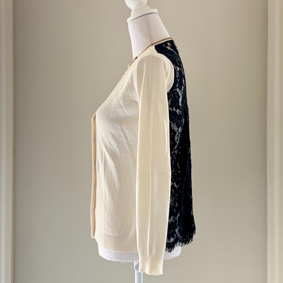 Saks White Button-up Cardigan with Black Lace - Picture 2 of 6